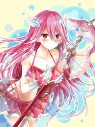  bikini bikini_skirt commentary cordelia_(fire_emblem) cordelia_(summer)_(fire_emblem) female fire_emblem fire_emblem_awakening fire_emblem_heroes fish hair_ornament holding holding_polearm holding_weapon long_hair polearm red_bikini red_eyes red_hair ribbon solo swimsuit weapon yuyu_(spika) 