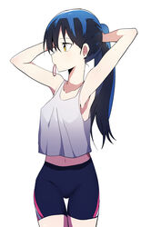  absurdres adjusting_hair armpits arms_behind_head arms_up bike_shorts black_hair blue_hair breasts bural_chingu commentary female hair_between_eyes hair_tie hair_tie_in_mouth highres ju_hyeon-mi korean_commentary long_hair looking_away looking_to_the_side luke_(dydansgur) mouth_hold original ponytail simple_background solo tank_top thigh_gap tying_hair white_background yellow_eyes 