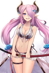  :d bad_id bad_pixiv_id bikini blue_eyes breasts cleavage double_bun draph female granblue_fantasy hair_bun hair_ornament highres holding holding_sword holding_weapon horns katana large_breasts long_hair looking_at_viewer narmaya_(granblue_fantasy) narmaya_(summer)_(granblue_fantasy) navel official_alternate_costume open_mouth pointy_ears purple_hair sheath sheathed smile solo swimsuit sword teeth twintails twitter_username very_long_hair weapon white_bikini yukihama 