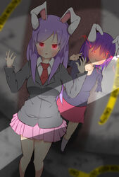  2girls :3 absurdres akabeco animal_ears blush breasts collarbone commentary_request cookie_(touhou) fake_hisui_(cookie) glowing glowing_eyes highres hisui_(cookie) large_breasts long_hair looking_at_viewer multiple_girls necktie parted_lips purple_hair purple_skirt rabbit_ears red_eyes red_necktie reisen_udongein_inaba skirt touhou 