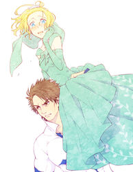  1boy acqua_of_the_back bad_id bad_pixiv_id blonde_hair blue_eyes blush brown_eyes brown_hair carrying commentary_request crown dress female green_dress long_hair mini_crown princess saiba_(henrietta) short_hair sitting_on_shoulder tears toaru_majutsu_no_index villian_(toaru_majutsu_no_index) 