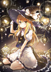  apron arm_up black_dress black_hat blonde_hair blush bow braid breasts buttons closed_mouth commentary_request dress female frilled_dress frills glowing hand_on_headwear hat hat_bow highres kirisame_marisa lantern light long_hair looking_at_viewer photoshop_(medium) popuru puffy_short_sleeves puffy_sleeves short_sleeves side_braid single_braid sitting small_breasts solo star_(symbol) touhou waist_apron wariza white_bow witch_hat yellow_eyes 