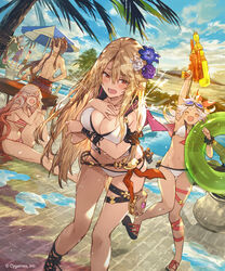  3boys 4girls :d ^_^ arm_garter arm_under_breasts arm_up beach_umbrella belt bikini blonde_hair blush breast_hold breasts closed_eyes commentary_request day dutch_angle ezusuke flower goggles goggles_on_head hair_between_eyes hair_flower hair_ornament hand_on_own_hip highres horns innertube large_breasts light_brown_hair medium_breasts multicolored_hair multiple_boys multiple_girls navel o_o open_mouth outdoors palm_tree photoshop_(medium) pink_hair pointy_ears ponytail pool poolside red_eyes sailor_collar sandals shingeki_no_bahamut sidelocks sitting smile striped_bikini striped_clothes swim_ring swimsuit thigh_gap thigh_strap tree two-tone_hair umbrella water_gun wet white_bikini yawning 