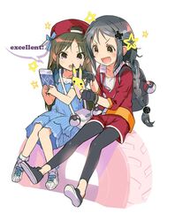  2girls :d :o backpack bad_id bad_twitter_id bag black_eyes black_gloves black_hair black_leggings braid brown_eyes brown_hair cellphone cosplay dress english_text female_protagonist_(pokemon_go) female_protagonist_(pokemon_go)_(cosplay) fingerless_gloves full_body gloves gzm hair_ornament hat idolmaster idolmaster_cinderella_girls leggings long_hair miyoshi_sana multiple_girls open_mouth parted_bangs phone pikachu poke_ball pokemon pokemon_go shoes shoulder_bag simple_background single_braid sitting smartphone smile sneakers tachibana_arisu v-shaped_eyebrows white_background 