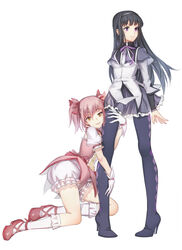  2girls akemi_homura akemi_homura_(magical_girl) argyle_clothes argyle_legwear black_hair black_hairband bobby_socks brown_eyes bubble_skirt commentary_request gloves hair_ribbon hairband hand_on_another&#039;s_leg hand_on_another&#039;s_thigh high_heels hug kaname_madoka kaname_madoka_(magical_girl) kneehighs long_hair magical_girl mahou_shoujo_madoka_magica mahou_shoujo_madoka_magica_(anime) multiple_girls pantyhose pink_hair pleated_skirt puffy_short_sleeves puffy_sleeves purple_eyes ribbon short_sleeves short_twintails sitting skirt socks standing streamingsun twintails white_gloves white_legwear yuri 