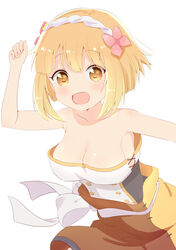  :d arm_up bare_arms bare_shoulders blonde_hair blush breasts brown_eyes brown_shorts cleavage collarbone commentary_request derivative_work endro! fai_fai female flower hair_flower hair_ornament medium_breasts open_mouth pink_flower shirt short_hair shorts simple_background smile solo strapless white_background white_shirt yutsuki_warabi 