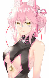  :q akapug621 animal_ear_fluff animal_ears bad_id bad_pixiv_id bare_shoulders breasts fate/grand_order fate_(series) female fox_ears glasses hair_ribbon koyanskaya_(chinese_lostbelt_outfit)_(fate) koyanskaya_(fate) looking_at_viewer medium_breasts neck_ribbon pink_hair pink_ribbon rectangular_eyewear ribbon semi-rimless_eyewear sidelocks simple_background sleeveless smile solo tamamo_(fate) tamamo_no_mae_(fate/extra) tied_hair tongue tongue_out under-rim_eyewear underboob upper_body white-framed_eyewear white_background yellow_eyes 