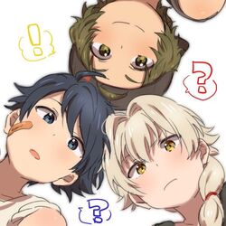  ! 3boys ? aged_down arkk68 bad_id bad_twitter_id bandaid bandaid_on_face baseball_cap blue_eyes blue_hair closed_mouth commentary enjoji_michiru from_below green_eyes green_hair grey_hair hair_intakes hat idolmaster idolmaster_side-m kizaki_ren lolicon looking_at_viewer low_ponytail male_focus multiple_boys open_mouth ponytail simple_background smile spoken_exclamation_mark spoken_question_mark taiga_takeru the_kogado_(idolmaster) white_background yellow_eyes 