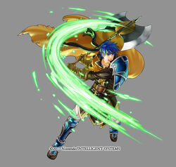  1boy axe blue_eyes blue_hair commentary_request cosplay fire_emblem fire_emblem:_path_of_radiance fire_emblem_heroes full_body greil greil_(cosplay) grey_background headband ike_(brave_mercenary)_(fire_emblem) ike_(fire_emblem) kita_senri male_focus official_art open_mouth photoshop_(medium) simple_background solo weapon 