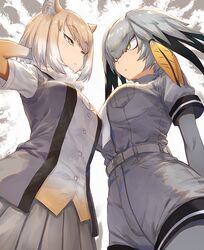  2girls animal_costume belt breast_pocket expressionless from_below green_eyes grey_hair guchico head_wings high-waist_shorts kemono_friends light_brown_hair multicolored_hair multiple_girls necktie pantyhose pleated_skirt pocket shirt_tucked_in shoebill_(kemono_friends) short_sleeves shorts skirt staring staring_contest tibetan_fox_(kemono_friends) wings yellow_eyes 