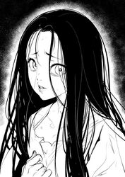  bags_under_eyes commentary_request female forehead ghost greyscale hair_between_eyes lips long_hair looking_to_the_side messy_hair monochrome original parted_lips shimotsuki_eight solo torn_clothes upper_body 