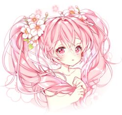  blush collarbone commentary female flower hair_flower hair_ornament hatsune_miku long_hair looking_at_viewer parted_lips pingo pink_eyes pink_hair sakura_miku solo symbol-only_commentary twintails upper_body vocaloid 