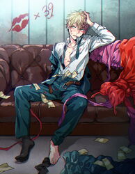  1boy axis_powers_hetalia bad_id bad_pixiv_id belt blonde_hair dress hand_in_own_hair karacoroxx lipstick_mark looking_to_the_side makeup male_focus messy_hair money open_mouth parted_lips sitting socks solo unbuckled united_kingdom_(hetalia) 