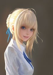  artoria_pendragon_(fate) blonde_hair blue_eyes blue_ribbon braid commentary fate/stay_night fate_(series) female fufu hair_ribbon looking_at_viewer photoshop_(medium) realistic ribbon saber_(fate) shirt sidelocks smile upper_body white_shirt 