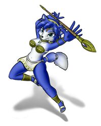  anthro armor blue_body blue_fur blue_hair bracers breasts canid canine cleavage clothed clothing female footwear fox fur green_eyes hair jewelry krystal&#039;s_staff krystal_(star_fox) krystal_appreciation_month looking_at_viewer mammal nintendo sandals shadow solo star_fox taski toony white_body white_fur 