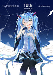  anniversary aqua_eyes aqua_hair bad_id bad_pixiv_id black_thighhighs blush crying crying_with_eyes_open dated detached_sleeves female hand_on_own_chest hatsune_miku headset highres long_hair looking_at_viewer necktie one_eye_closed open_mouth popuru skirt sleeveless solo tears thighhighs twintails vocaloid 