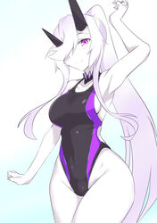  bare_shoulders blush breasts commentary_request competition_swimsuit cowboy_shot female hair_over_one_eye highres horns large_breasts long_hair looking_at_viewer one-piece_swimsuit ponytail purple_eyes sangue_llia smile solo swimsuit warship_girls_r white_hair yamato_(warship_girls_r) 