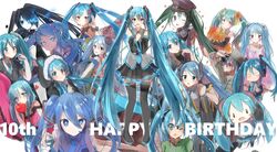  1925_(vocaloid) 6+girls ai_kotoba_ii_(vocaloid) alternate_costume alternate_hairstyle anniversary aqua_eyes aqua_hair black_rock_shooter black_rock_shooter_(character) blush boots commentary copyright_request cosplay detached_sleeves duplicate ghost_rule_(vocaloid) green_ponpoko_(module) hatsune_miku hibikase_(vocaloid) highres kochira_koufuku_anshin_iinkai_desu_(vocaloid) kunoichi_demo_koi_ga_shitai_(vocaloid) long_hair matryoshka_(vocaloid) melt_(vocaloid) mukashi_mukashi_no_kyou_no_boku_(vocaloid) multiple_girls multiple_views necktie noushou_sakuretsu_girl_(vocaloid) open_mouth pentagon_(railgun_ky1206) pixel-perfect_duplicate romeo_to_cinderella_(vocaloid) senbonzakura_(vocaloid) simple_background skirt slow_motion_(vocaloid) smile songover tell_your_world_(vocaloid) thigh_boots thighhighs twintails very_long_hair vocaloid white_background 