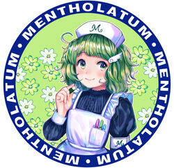  ahoge apron armband commentary_request copyright_name female flower green_eyes green_hair hat medium_hair mentholatum nurse_cap pen pocket round_image smile solo soramame_tomu wavy_hair wing_hair_ornament 