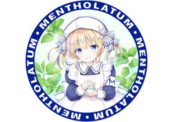  blonde_hair blue_eyes blush border closed_mouth commentary_request female little_nurse long_sleeves looking_at_viewer mentholatum round_image shino_(shinderera) short_hair smile solo upper_body 