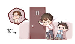  3boys bags_under_eyes blue_pants brown_hair chibi closed_mouth commentary_request door english_text highres jitsui_(joker_game) joker_game kaminaga_(joker_game) long_sleeves male_focus miyoshi_(joker_game) multiple_boys pajamas pants photoshop_(medium) pinkiepies2 shirt short_hair sitting slippers speech_bubble standing sweatdrop wavy_mouth white_shirt 