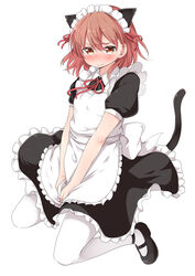  3: alternate_costume animal_ears apron blush brown_eyes brown_hair cat_ears cat_tail commentary_request covering_crotch covering_privates enmaided female kemonomimi_mode maid maid_headdress mary_janes misaka_mikoto mukunoki_nanatsu pantyhose shoes short_hair solo tail toaru_kagaku_no_railgun toaru_majutsu_no_index v-shaped_eyebrows white_pantyhose 