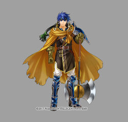  1boy axe blue_eyes blue_hair commentary_request cosplay fire_emblem fire_emblem:_path_of_radiance fire_emblem_heroes full_body greil greil_(cosplay) grey_background headband ike_(brave_mercenary)_(fire_emblem) ike_(fire_emblem) kita_senri looking_at_viewer male_focus official_art photoshop_(medium) simple_background solo standing weapon 