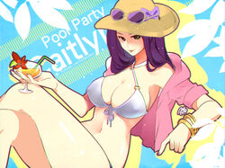  aa2233a alternate_costume alternate_hair_color artist_name bangle bikini bracelet breasts brown_eyes caitlyn_(league_of_legends) champagne_coupe character_name chinese_commentary cleavage commentary_request covered_nipples crossed_legs cup drinking_glass drinking_straw english_text eyewear_on_headwear female food fruit hat jewelry knees_up large_breasts league_of_legends lime_(fruit) lime_slice long_hair looking_at_viewer medium_hair nail_polish navel photoshop_(medium) pool_party_(league_of_legends) pool_party_caitlyn purple_hair purple_nails sitting solo sun_hat swimsuit watermark web_address 