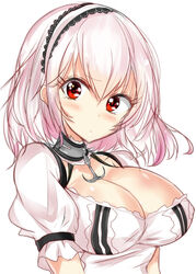  :t azur_lane blush breasts cleavage closed_mouth commentary_request dress female hair_between_eyes hairband haru_(nature_life) head_tilt large_breasts looking_at_viewer pink_hair pout puffy_short_sleeves puffy_sleeves red_eyes short_sleeves simple_background sirius_(azur_lane) solo upper_body white_background white_dress white_hairband 