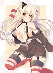  amatsukaze_(kancolle) ashino black_choker black_hairband blush breasts breasts_apart brown_dress choker closed_mouth collarbone commentary_request dress drop_shadow eyes_visible_through_hair female furrowed_brow garter_straps gloves hair_between_eyes hair_intakes hair_tubes hairband kantai_collection long_hair long_sleeves looking_at_viewer no_bra open_clothes open_dress pulling_own_clothes red_thighhighs sailor_dress short_dress small_breasts solo strap_pull thighhighs two_side_up v-shaped_eyebrows white_gloves zoom_layer 