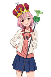  black_skirt blush commentary_request female hair_ornament hairclip highres holding holding_staff koharu_yoshino long_sleeves looking_at_viewer open_mouth pink_eyes pink_hair sakura_quest short_hair skirt smile solo staff yahiro_(epicopeiidae) 