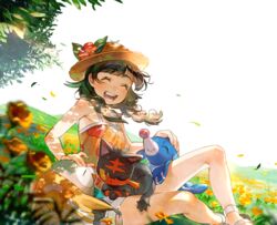  ^_^ bag bare_arms black_eyes black_hair blush braid bush closed_eyes commentary_request day feet_out_of_frame female field floral_print flower flower_field from_side grass happy hat headpat leaf leg_up litten nature nishita on_lap one_eye_closed open_mouth outdoors petals poke_ball pokemon pokemon_(creature) pokemon_on_lap pokemon_usum popplio rowlet selene_(pokemon) shorts simple_background sitting sitting_on_lap sitting_on_person smile starter_pokemon_trio sun_hat swept_bangs tank_top teeth twin_braids white_background white_shorts 