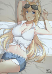  aemu_(august_life) animal_ears blonde_hair blue_eyes breasts cleavage commentary commission denim denim_shorts english_commentary female girls&#039;_frontline goggles goggles_on_head large_breasts long_hair m500_(girls&#039;_frontline) on_bed shirt short_shorts shorts signature smile tied_shirt twitter_username very_long_hair 