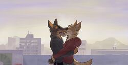  2017 absurd_res anthro black_body black_clothing black_fur black_nose black_topwear bodily_fluids bottomwear brown_body brown_fur canid canine canis city cityscape clothed clothing coyote detailed_background dobermann domestic_dog duo english_text french_kissing fur half-closed_eyes hi_res hoodie hug kissing male male/male mammal narrowed_eyes open_mouth outside paintfox pinscher red_clothing red_topwear romantic romantic_couple rooftop saliva sky tail tan_body tan_fur tan_tail teeth text tongue tongue_out topwear 