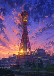  bus cloud cloudy_sky commentary_request highres kobe kobe_port_tower motor_vehicle niko_p no_humans original outdoors photoshop_(medium) real_world_location scenery sky star_(sky) sunset tower tree 