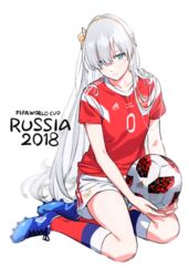  2018_fifa_world_cup anastasia_(fate) bad_id bad_twitter_id ball blue_eyes blurry clothes_writing commentary depth_of_field fate/grand_order fate_(series) female grey_hair hair_spread_out hairband kinosuke_(sositeimanoga) kneehighs long_hair looking_at_viewer red_shirt russia shirt shoes shorts sitting sneakers soccer soccer_ball soccer_uniform socks solo sportswear telstar_18 very_long_hair white_background world_cup yokozuwari 