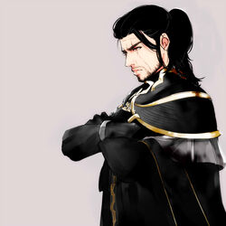  1boy aged_up bad_id bad_pixiv_id beard black_hair cape capelet crossed_arms facial_hair final_fantasy final_fantasy_xv formal gladiolus_amicitia gloves long_hair machida-machiko male_focus ponytail scar solo 