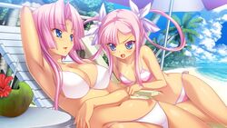  2girls arm_behind_head arm_up armpits beach bikini blue_eyes breasts chair cleavage coconut dark-skinned_female dark_skin day flower fruit_cup game_cg hair_ornament hairclip hibiscus highres hikage_eiji jpeg_artifacts koihime_musou long_hair lying multiple_girls navel ocean official_art on_back on_side open_mouth outdoors palm_tree pink_hair ribbon siblings side-tie_bikini_bottom sisters small_breasts smile sonken sonshoukou striped_bikini striped_clothes sunbathing swimsuit tree twintails umbrella very_long_hair water white_bikini 