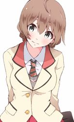  ahoge beige_jacket blazer blush brown_hair collared_shirt commentary enelis eyebrows_hidden_by_hair female green_eyes hair_between_eyes head_tilt high_schoolmate_(idolmaster) idolmaster idolmaster_million_live! idolmaster_million_live!_theater_days jacket long_hair parted_lips pleated_skirt red_skirt sakuramori_kaori school_uniform shirt simple_background skirt solo sweater_vest uniform_series_(idolmaster) white_background white_shirt 