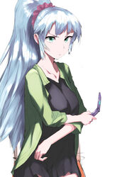  black_dress blue_hair collarbone commentary_request dress female food fruit green_eyes hair_ornament highres holding holding_food holding_fruit kawasaki_saki konery_(reasonyou) long_hair looking_at_viewer ponytail simple_background solo white_background yahari_ore_no_seishun_lovecome_wa_machigatteiru. 