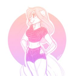  2017 anthro bottomwear clothing digital_media_(artwork) female hair hands_on_hips long_hair mammal midriff mustelid otter shirt shorts smile solo standing strawberryneko topwear 