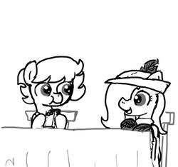  clothing duo earth_pony eating emerald_jewel_(colt_quest) equid equine fan_character feathers female feral ficficponyfic food hasbro hat headgear headwear horse male mammal monochrome my_little_pony pony ruby_rouge_(colt_quest) simple_background young young_feral 