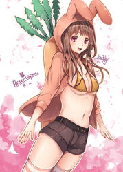  :d animal_hood artist_name bad_id bad_pixiv_id belt bikini bikini_top_only black_shorts breasts brown_hair carrot female hood hooded_jacket jacket kelly_0w0 looking_at_viewer medium_breasts nail_polish navel open_mouth original photoshop_(medium) pink_eyes pink_nails pink_thighhighs rabbit_hood short_shorts shorts smile solo standing striped_clothes striped_thighhighs swimsuit thighhighs 