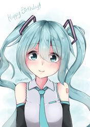  artist_name blue_eyes blue_hair blue_necktie blush commentary_request detached_sleeves female happy_birthday hatsune_miku long_hair looking_at_viewer necktie partial_commentary rokuuso smile twintails twitter_username upper_body vocaloid 