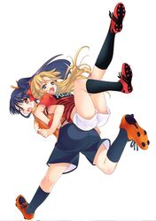  2girls blonde_hair blue_eyes blue_hair blue_shorts brown_eyes cleats colored_pencil_(medium) commentary_request hair_ribbon highres j._league jersey malino_(dream_maker) multiple_girls omiya_ardija open_mouth orange_ribbon original red_ribbon ribbon shorts soccer_uniform socks sportswear traditional_media urawa_red_diamonds white_background white_shorts 