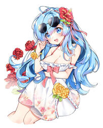  alternate_hair_length alternate_hairstyle blue_eyes blue_hair blush bow breasts cleavage commentary eyewear_on_head female flower hair_flower hair_ornament highres large_breasts long_hair looking_at_viewer open_mouth pingo pink_bow pink_ribbon re:zero_kara_hajimeru_isekai_seikatsu rem_(re:zero) ribbon rose smile solo sunglasses symbol-only_commentary yellow_flower yellow_rose 