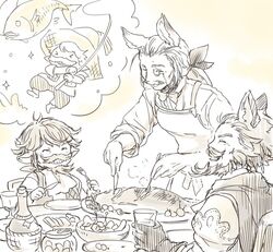  &gt;_&lt; 3boys alcohol animal_ears beard bow bowtie closed_eyes commentary_request cup drinking_glass erune facial_hair fish fishing fishing_rod fork gloves granblue_fantasy hair_slicked_back harvin hat hoshikuzushi keehar knife low_ponytail monochrome monocle moustache multiple_boys plate sepia sepia_background sevastian_(granblue_fantasy) smile sparkle steam table wine wine_glass yodarha_(granblue_fantasy) 