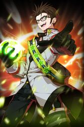  1boy bad_link ball black_gloves brown_hair comiccho eric_(soccer_spirits) glasses gloves glowing green_eyes image_sample jpeg_artifacts looking_at_viewer male_focus naver_sample open_mouth pointing sash soccer_spirits solo standing star_(symbol) 