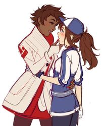  2girls baseball_cap blue_eyes blue_nails blush candela_(pokemon) coat commentary_request dark-skinned_female dark_skin female_protagonist_(pokemon_go) fingerless_gloves gloves hat imminent_kiss leggings lips long_hair looking_at_another multiple_girls nail_polish pantyhose pokemon pokemon_go ponytail red_eyes red_nails short_hair simple_background smile white_background yuri 