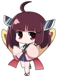  :o ahoge black_footwear blush brown_hair chibi commentary female full_body headgear japanese_clothes kimono long_hair long_sleeves looking_at_viewer osaragi_mitama parted_lips pinching_sleeves pink_kimono purple_skirt red_eyes sandals short_kimono simple_background skirt sleeves_past_wrists socks solo standing standing_on_one_leg touhoku_kiritan voiceroid white_background white_socks wide_sleeves zouri 